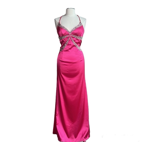 Cache Hot Pink and Silver Beaded Sequin Sexy Low Back Prom Evening Gown - Picture 9 of 15